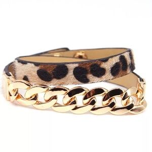 Leopard Print Double Strap Chain Leather Bangle Bracelet NWT